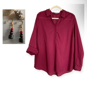Yessica C&A Burgundy Roll up Sleeve Cotton Blouse Sz XL & Handmade Earrings gift